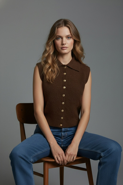 Qoolest Kadın Yünlü Kahverengi Yakalı Kabartma Desenli Yünlü Düğmeli Triko Yelek