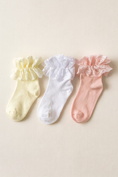 shefox 3 Çift Kız Çocuk Dantelli Burnu Dikişsiz Kaliteli Patik Çorap