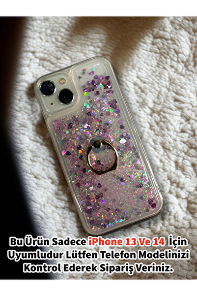 Merwish Apple iPhone 13 Ve 14 Uyumlu Sulu Simli Yüzüklü Standlı Parlak Siliko...