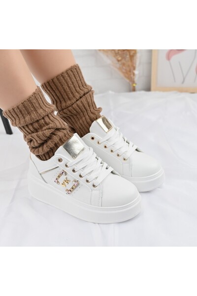 Tmall Pantofi Sport De Dama,Din piele Ecologica,Cu pietre,D1368,Alb cu Auriu
