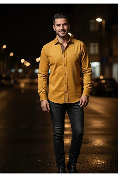 YusGos Men's Regular Fit Corded Fabric Velvet High Quality Winter Shirt Mustard 2XL