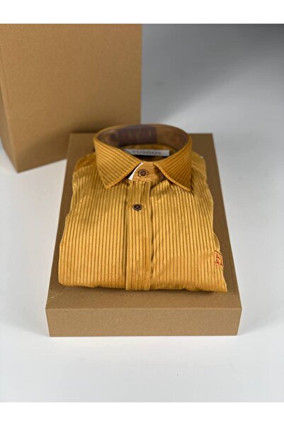 YusGos Men's Regular Fit Corded Fabric Velvet High Quality Winter Shirt Mustard 2XL