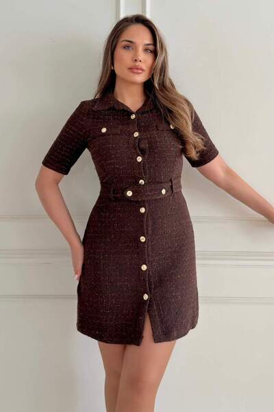 ZISHAN Γυναικείο πουκάμισο φόρεμα Şanel με υφασμάτινη ζώνη με λεπτομέρεια μπροστινό κουμπί 025