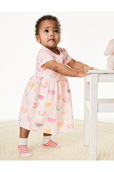 Marks & Spencer Saf Pamuklu Meyve Desenli Kısa Kollu Elbise (0-3 Yaş)