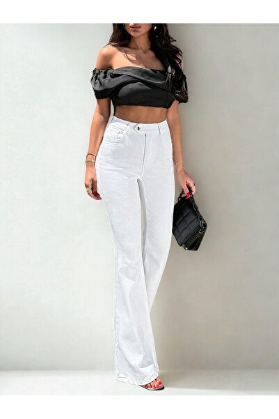 Polo State Kadın Yüksek Bel Likralı İspanyon Paça Jeans Kot Pantolon Beyaz