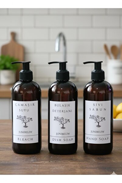 JUIWI 3lü Set Amber Plastik Boş Şişe Sıvı Sabunluk Bulaşık Deterjanlık Çamaşı...