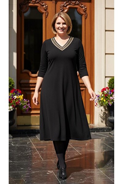 Nidya Moda Büyük Beden Siyah Taşlı Yaka Abiye Elbise-4038s