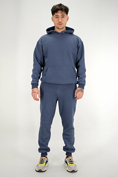 Souris Ανδρικό σετ αθλητικής φόρμας σε μπλε βενζίνη χρώμα, άνετη εφαρμογή, 3 κλωστές, επένδυση fleece χοντρό ύφασμα, κορδόνι μέσης με κορδόνι στο πόδι