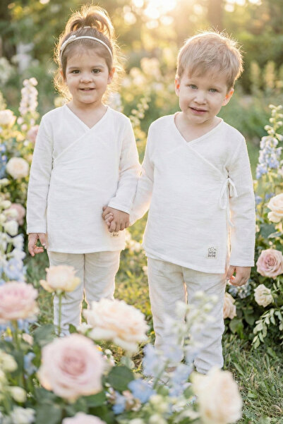 Sarebaby Müslin Bebek Takımı Bağcıklı Model Alt Üst Set %100 Doğal Pamuk Ekru