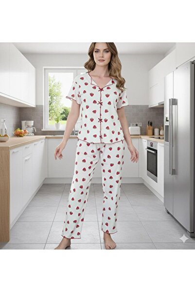 Sude HOMEWEAR ΓΥΝΑΙΚΕΙΟ ΠΛΕΚΤΟ ΥΦΑΣΜΑ ΣΤΡΑΒΕΡΙ ΣΕΤ ΠΙΤΖΑΜΑ ΚΟΝΤΟ ΜΑΝΙΚΙ