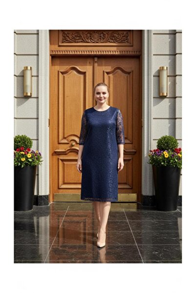 Nidya Moda Büyük Beden Kadın Lacivert Dantel Abiye Elbise-4009dl