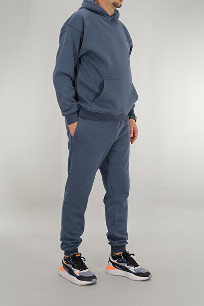 Souris Set de trening pentru bărbați, albastru petrol, confortabil, croială 3 fire cu căptușeală din fleece cu glugă cu șnur, talie cu nervuri