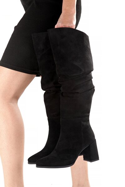 Modabuymus Black Suede Thick Heeled Crinkled Gusseted Women's Boots - Kc