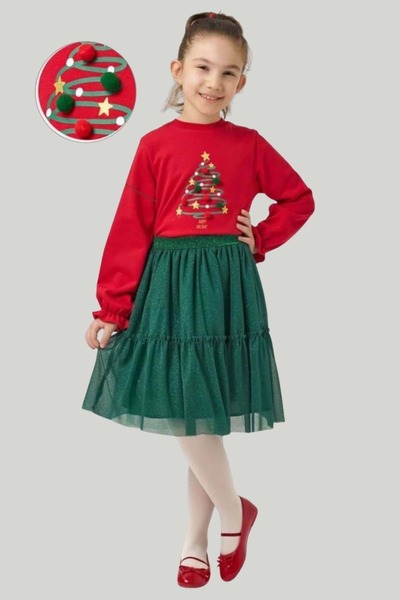 wakawakakidsstore Red Green Christmas Tree Printed Girls Skirted Suit