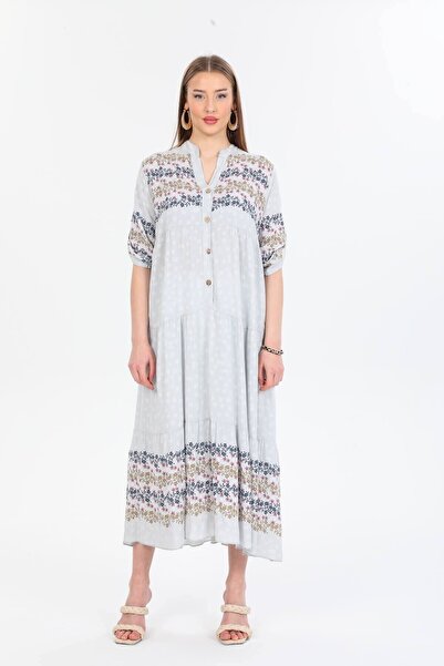 della moor Gray Italian Floral Patterned Half Buttoned Maxi Length Dress