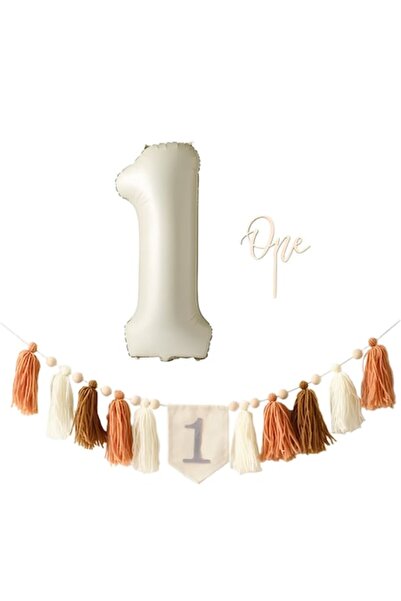 Arelair Magic Box Baby First Birthday Set, 3 Pieces, Balloon 1, Garland, Topper One, White and Brown