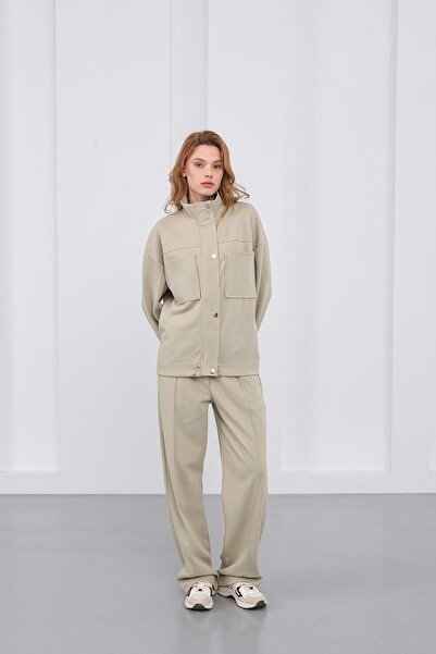 Basicpark Haki Women's Pique Textured Waist Adjustable O Oversized Jacket Trousers Set