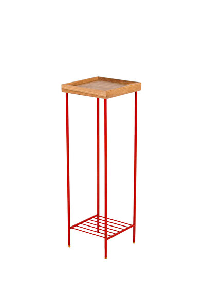 Ananas Edge Kırmızı Metal Ayaklı Masif Ahşap Uzun Yan Sehpa Saksılık