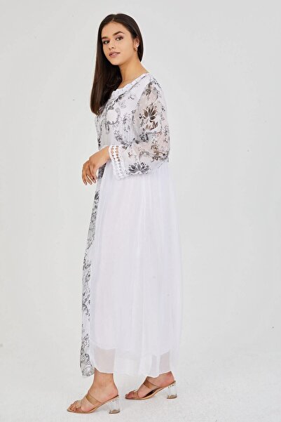 della moor White Italian Lace Detailed Floral Pattern Lined Long Silk Dress