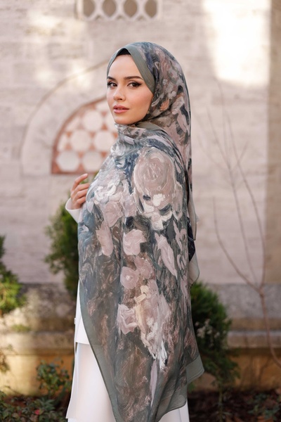 ipekistanbul 100% Organic Cotton Shawl - Rose Pattern - Light Khaki