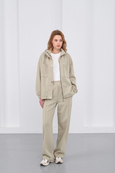 Basicpark Haki Women's Pique Textured Waist Adjustable O Oversized Jacket Trousers Set