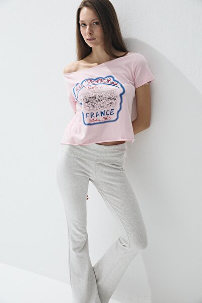 TUBİA Culoare roz pentru femei cu imprimeu Gât barca cu mânecă scurtă tricou