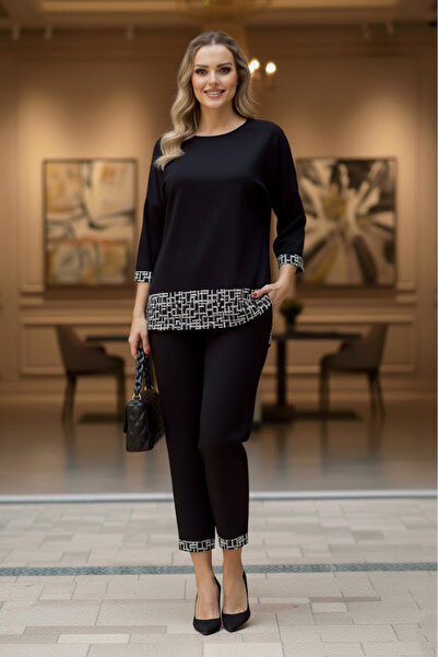 Nevin Kaya Moda Black Chain Paneled Cotton Trousers Blouse Set