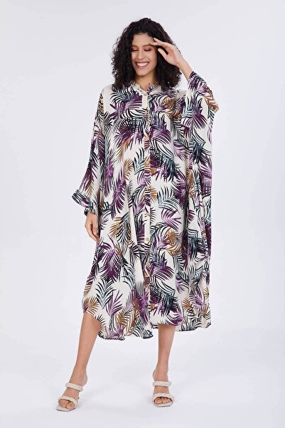 della moor Plum Palm Patterned Oversize Casual Giant Shirt Dress