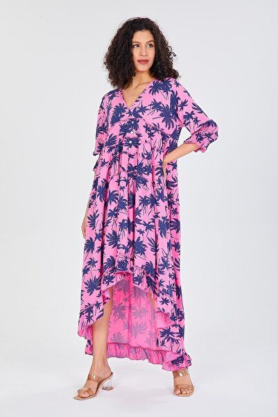 della moor Pink Italian V-Neck Leaf Pattern Ruffled Loose Dress