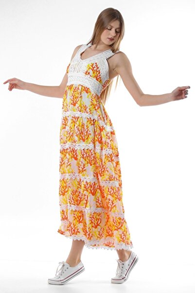 della moor Orange Italian Branch Pattern Lace Strap Long Dress