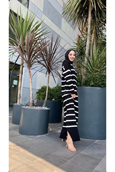 Müq Μίνι Ριγέ Φόρεμα με Σχισμή oversized Μακρύ Πλεκτό Φόρεμα-Μαύρο