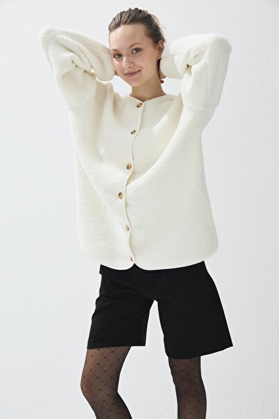 TUBİA Women's Ecru Color Stretchable Long Plush Coat