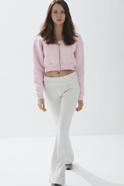 TUBİA Women's Parfait Pink Color Hooded Fleece-Lined Crop Sweatshirt Cardigan