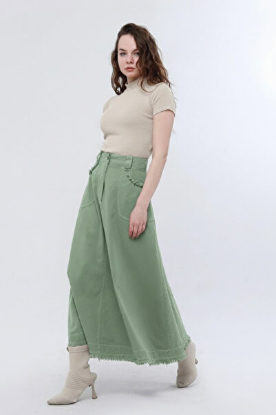 Atölye Güven Green Tasseled 100% Cotton Special Design Long Bell Skirt