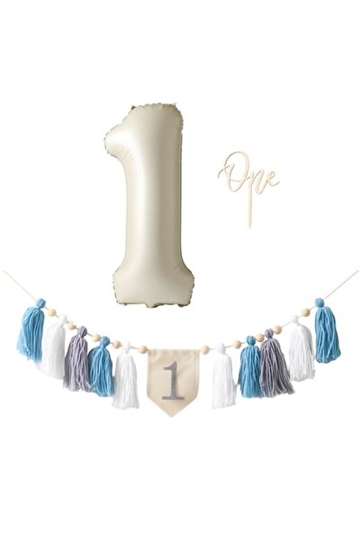 Arelair Magic Box Baby 1 Year Decoration Set, 3 Pieces, Balloon 1, Garland, Topper One, Gift, White, Blue