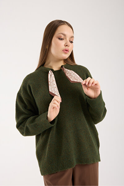İLKCET MODA Khaki Premium Oversized Women's Sweater with Scarf Detail