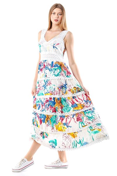 della moor Rochie lungă cu bretele din dantelă cu model exotic italian albastru