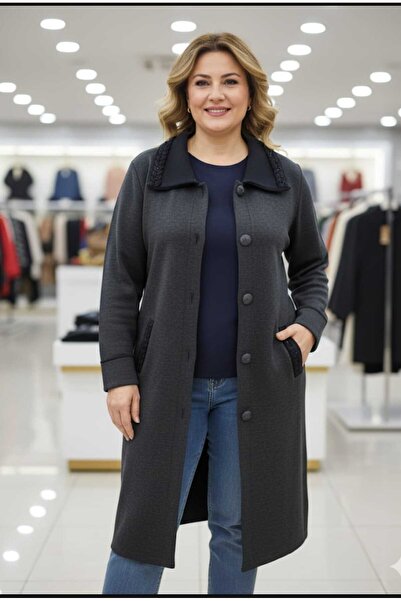 Aylin Long Sleeve Thick Pocketed Buttoned Collar Steel Knitting Length 100cm Cardigan Coat