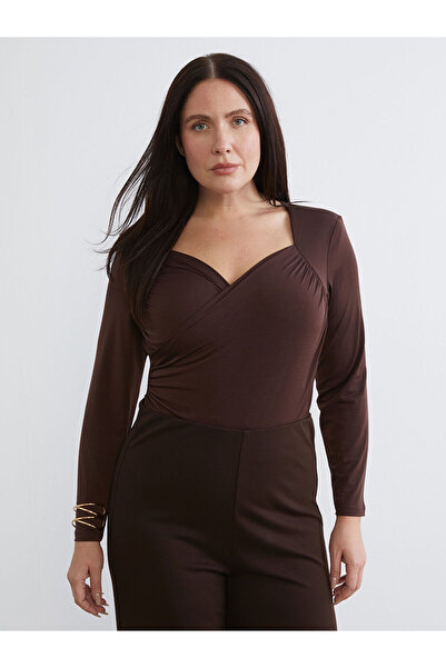 LC Waikiki Büyük Beden Kalp Yaka Büzgülü Kadın Bodysuit