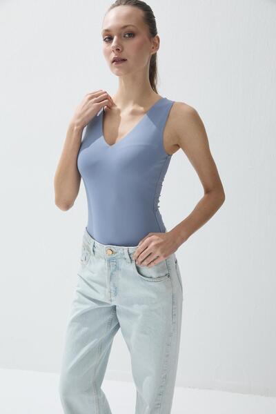 TUBİA Women's Light Blue V-Neck Snap-On Bodysuit