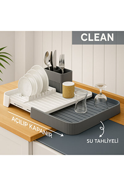 DUFF CLEAN Foldable Sliding Dish Drying Basket - Sliding Dish Rack Gray