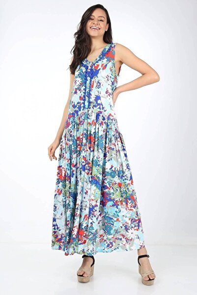 della moor Blue Floral Patterned Pompom Detailed Buttoned Front Zero Sleeve D...