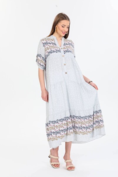 della moor Gray Italian Floral Patterned Half Buttoned Maxi Length Dress