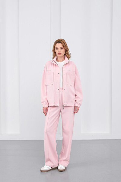 Basicpark Pink Women's Pique Textured Waist Adjustable Oversized Jacket Pants Set