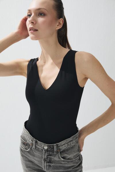 TUBİA Women's Black Color V-Neck Snap Fastener Bodysuit