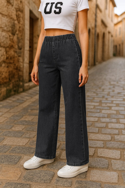 CEDY DENIM - Stretch Fabric Fabric Pocketless Belt with Elastic Waist Palazzo Pants C640-Anthracite