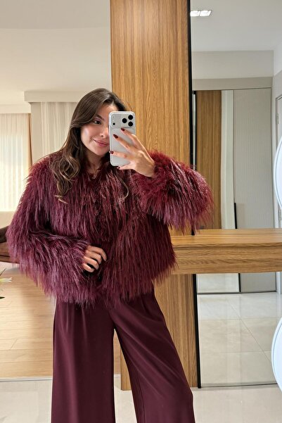 Gizem Ecemiş Bellamy Bordo Saçaklı Kürk