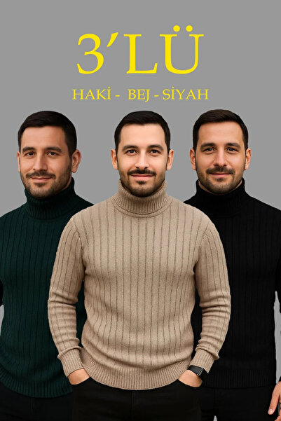 HAZEGO Men's Corded Fabric Knitwear Sweater Set of 3 Beige Khaki Black Regular Turtleneck Full-Throated Knitwear Set Model