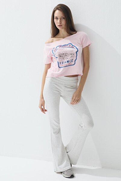 TUBİA Culoare roz pentru femei cu imprimeu Gât barca cu mânecă scurtă tricou