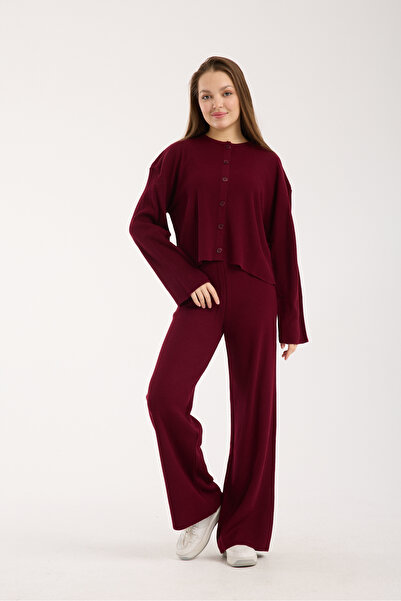 İLKCET MODA Cardigan Pants Burgundy Women's Bottom Top Knitwear Set